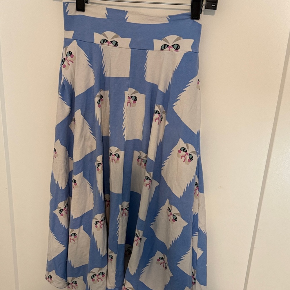 Nooworks Blue and White Cat Print A-Line Skirt